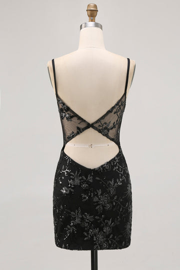 Black Sheer Corset Cut Out Bodycon Homecoming Dress with Sequins